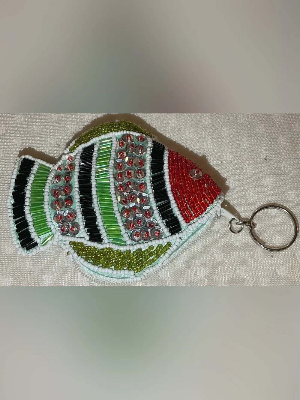 Beaded Multicolor Fish Brooch - Green & Red